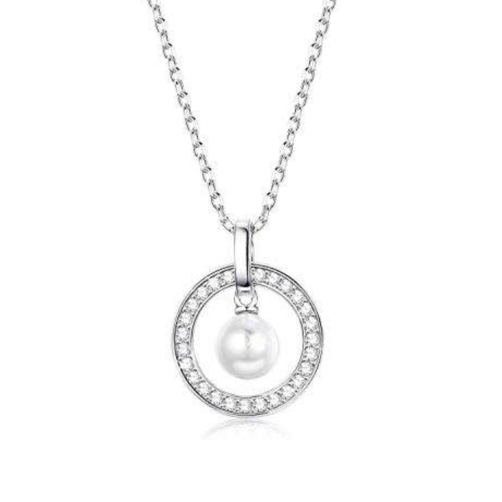 Circle Pearl Pendant Necklace for Women Silver crafted in 14k Gold Swarovski - Picture 3 of 12